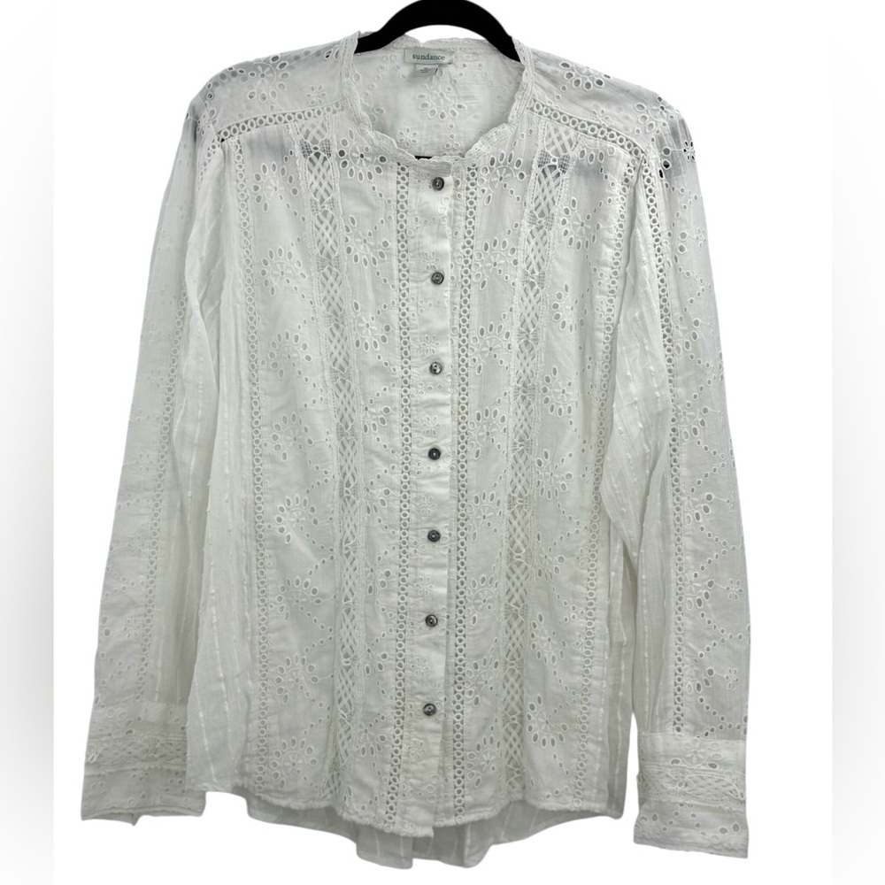 Sundance White Eyelet Lace XL Boho Victorian Cottagecore Cotton Button Front Top - Picture 2 of 14